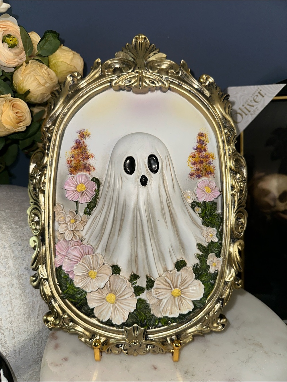 Gold Framed Floral Ghost Wall Decor - White